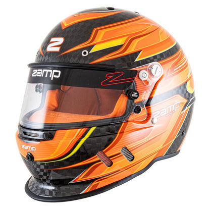 Zamp RZ-67D carbon fiber kart racing helmet in flo orange and yellow with orange interior on a white background