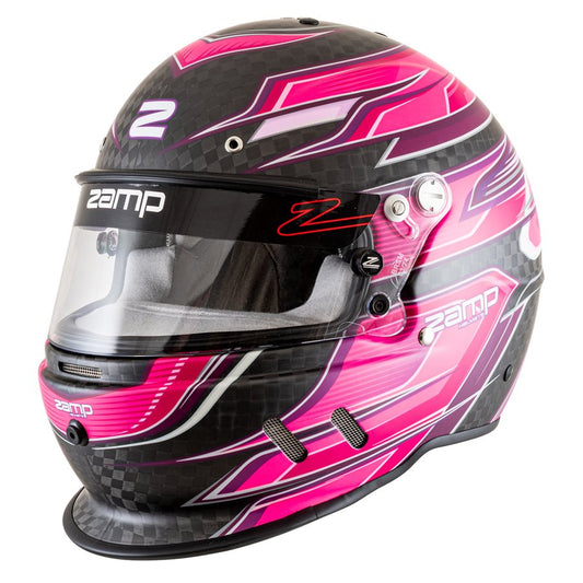 Zamp RZ-67D carbon fiber kart racing helmet in flo pink and purple with white number 2 and pink interior on a white background