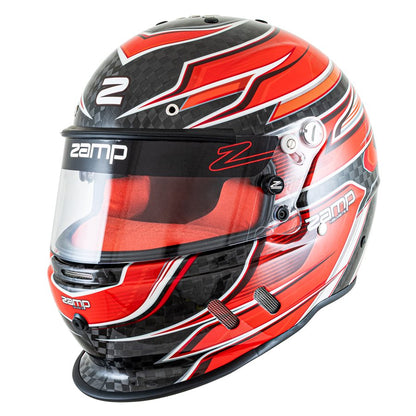 Zamp RZ-67D carbon fiber kart racing helmet in flo red and orange graphics with red interior on a white background