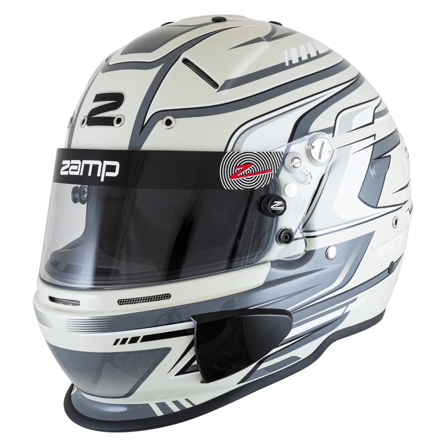 White and gray Zamp RZ-70S kart racing helmet with angular shell design, black and gray accents, clear visor and aero features on a white background