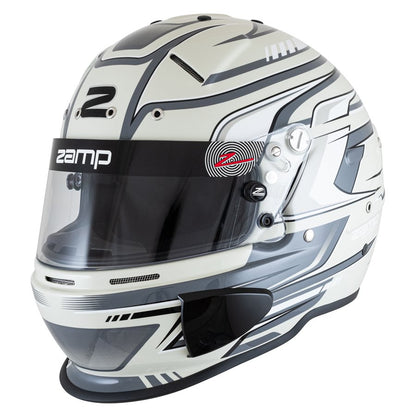 White and gray Zamp RZ-70S kart racing helmet with angular shell design, black and gray accents, clear visor and aero features on a white background