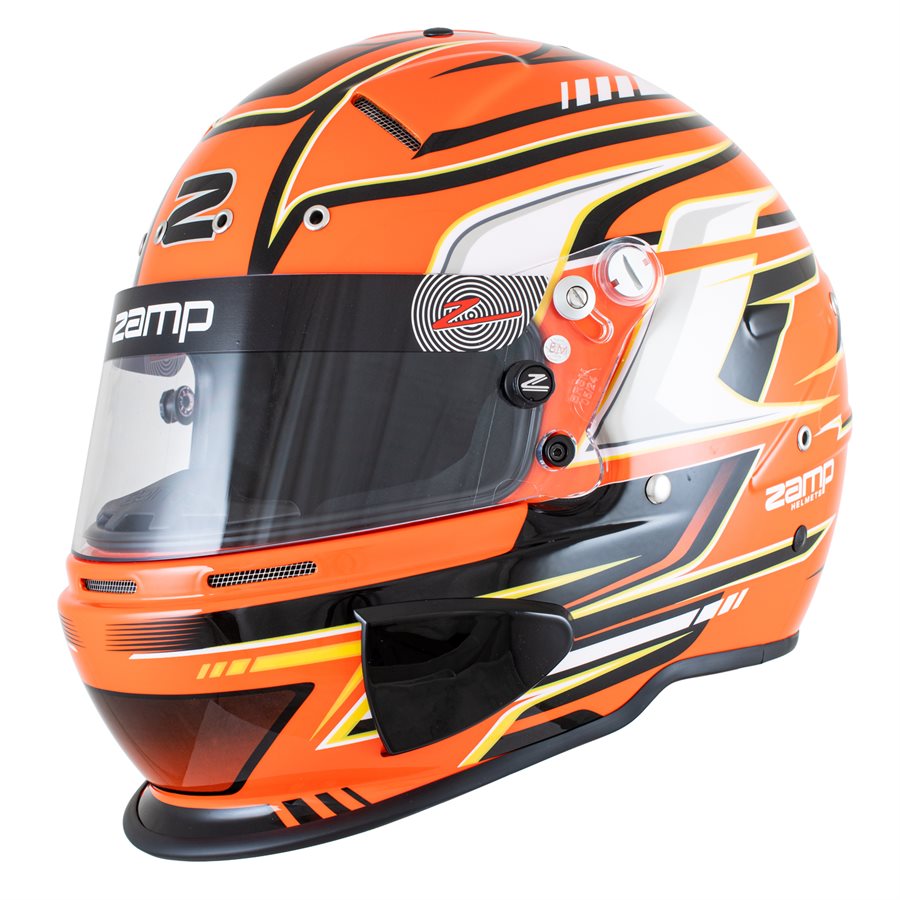 Orange Zamp RZ-70S kart racing helmet with black and yellow graphic lines across shell shown in profile on a white background