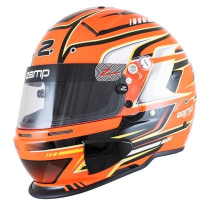 Orange Zamp RZ-70S kart racing helmet with black and yellow graphic lines across shell shown in profile on a white background
