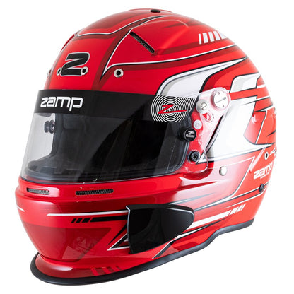 Red Zamp RZ-70S kart racing helmet viewed from side with white and black graphics, black chin strap and visible shield hardware on a white background