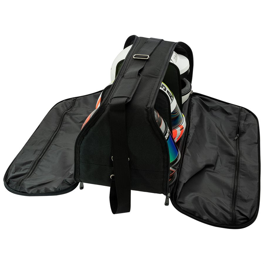Black Zamp triple helmet bag opened wide from top and sides to show three loaded helmets, unzipped side pockets and rear backpack straps on a white background