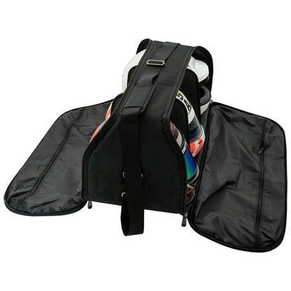 Black Zamp triple helmet bag opened wide from top and sides to show three loaded helmets, unzipped side pockets and rear backpack straps on a white background
