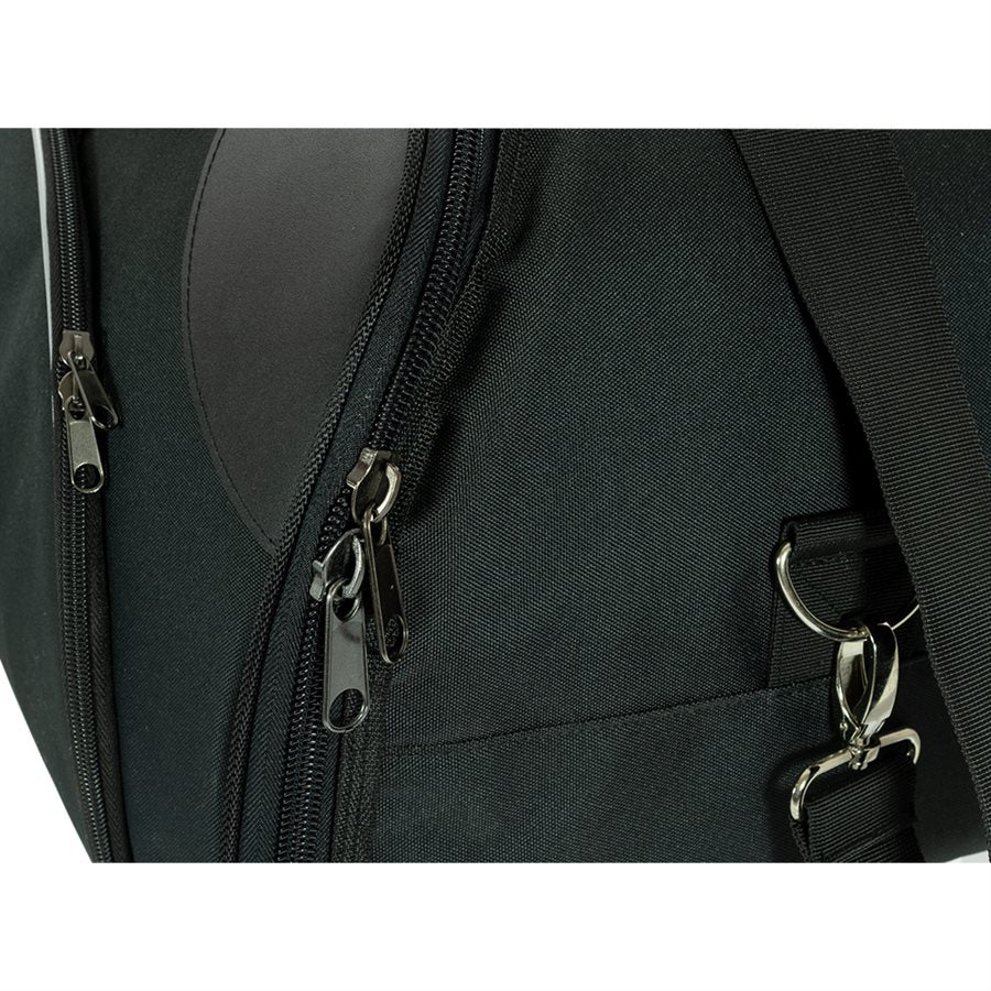 Detailed shot of the metal zipper pulls, D-ring attachment points and reinforced stitching on the Zamp triple helmet bag on a white background