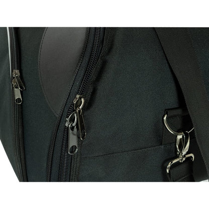 Detailed shot of the metal zipper pulls, D-ring attachment points and reinforced stitching on the Zamp triple helmet bag on a white background