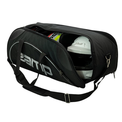 Black Zamp triple helmet bag angled with main compartment open revealing white helmet and another inside, showing large logo and shoulder strap on a white background