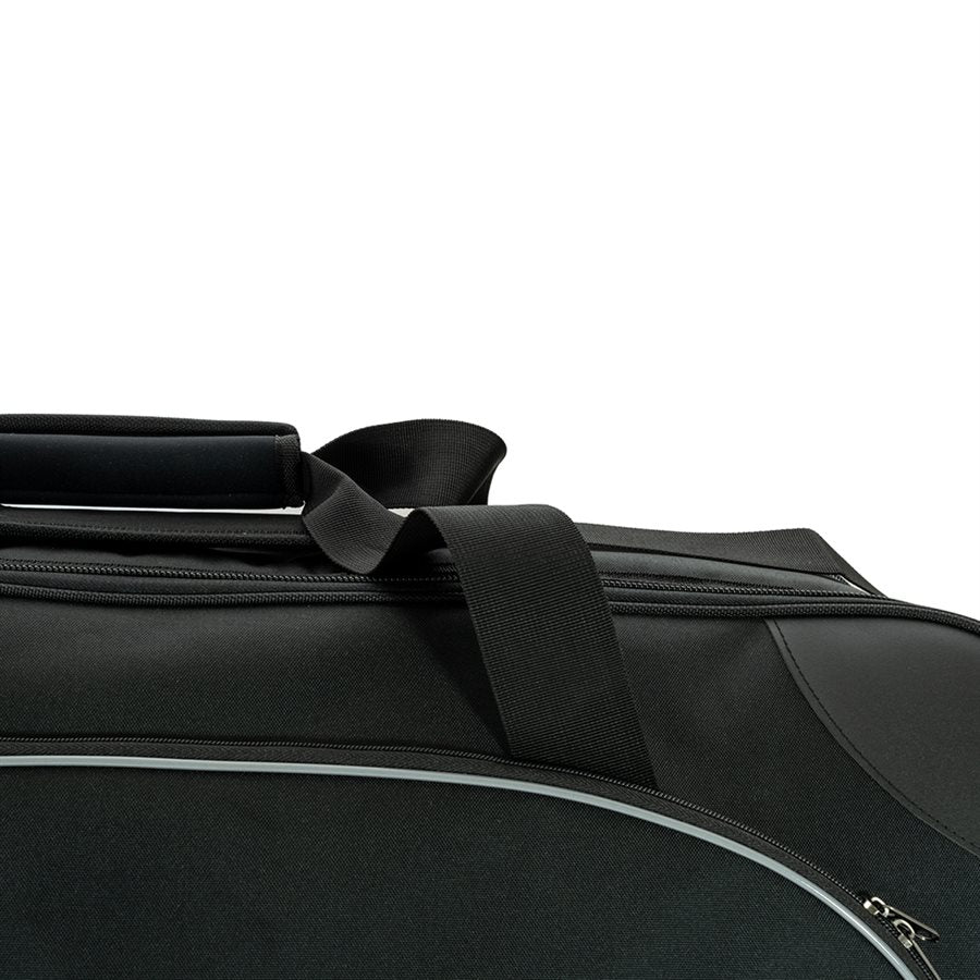 Close-up of the padded top handle, main zipper track and white piping on the black Zamp triple helmet bag on a white background