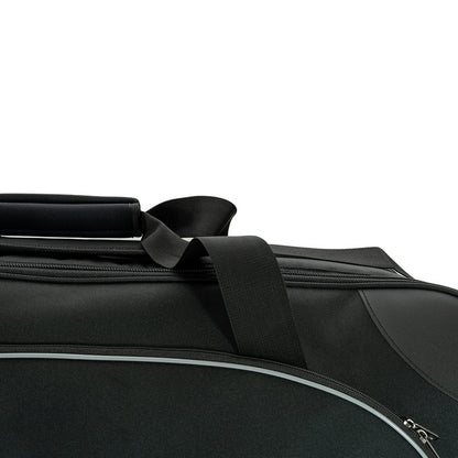 Close-up of the padded top handle, main zipper track and white piping on the black Zamp triple helmet bag on a white background