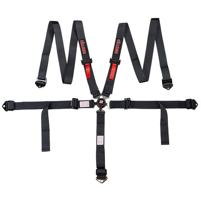 Full overhead layout of Zamp youth black 5 point kart harness showing shoulder straps with red logos, lap belt, and crotch strap connected to central camlock on a white background