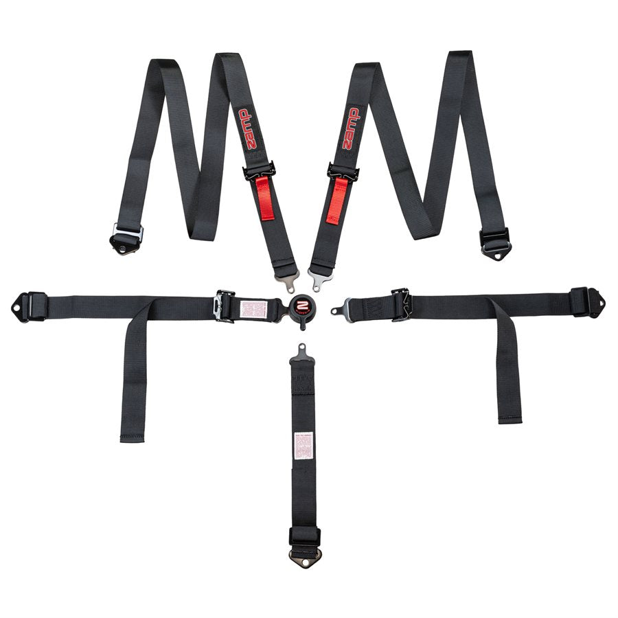 Second full view of Zamp youth 5 point seat harness spread flat with emphasis on metal end fittings, red shoulder adjusters, and steel hardware on a white background