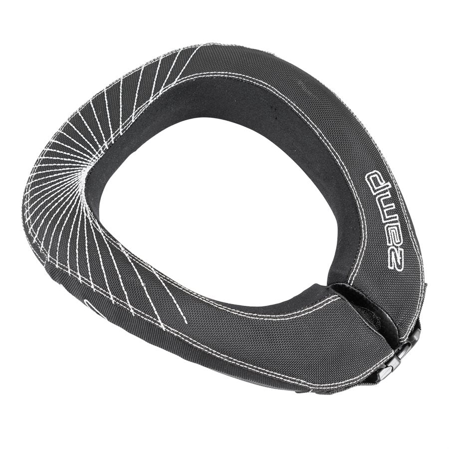 Overhead angle of Zamp youth racing neck collar highlighting radial white stitch details across top surface and vertical Zamp logo on a white background