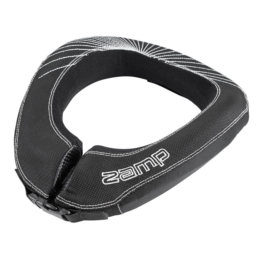 Zamp black youth race neck collar with white radial sunburst stitching, logo on front strap and plastic buckle hardware on a white background