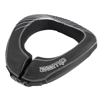 Zamp black youth race neck collar with white radial sunburst stitching, logo on front strap and plastic buckle hardware on a white background