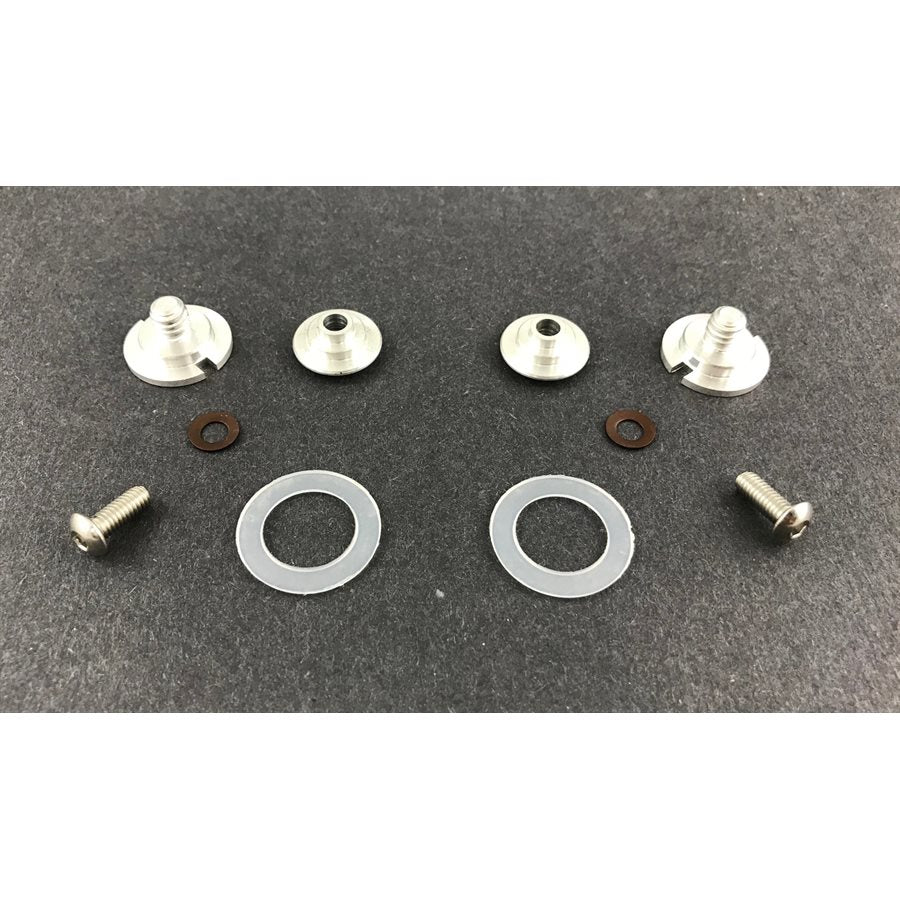Full Zamp Z-20 shield pivot kit laid out showing silver aluminum notched posts, dished receivers, stainless screws, large nylon washers and small copper washers on a dark gray background