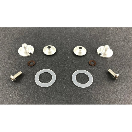 Full Zamp Z-20 shield pivot kit laid out showing silver aluminum notched posts, dished receivers, stainless screws, large nylon washers and small copper washers on a dark gray background