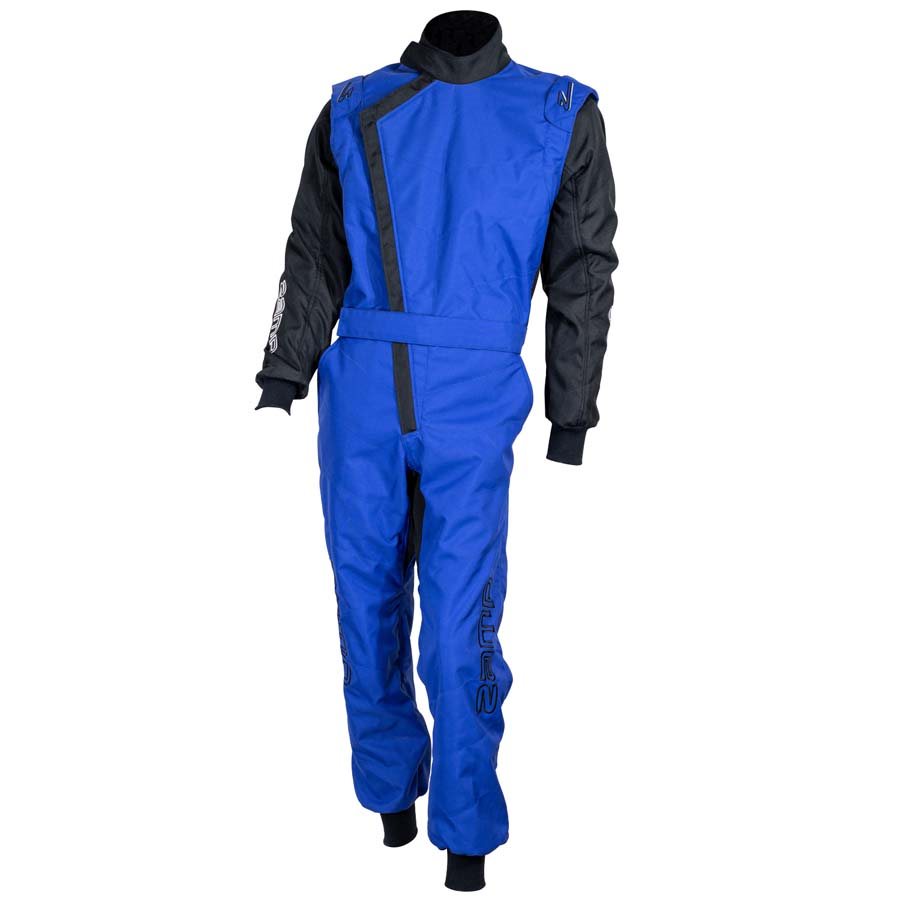 Front view of blue and black ZK-40 youth kart racing suit on display form showing high collar angled chest zipper and leg branding on a white background
