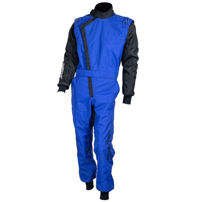 Front view of blue and black ZK-40 youth kart racing suit on display form showing high collar angled chest zipper and leg branding on a white background