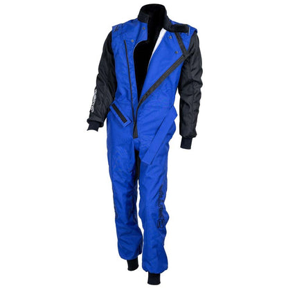 Front angled view of ZK-40 youth kart racing suit unzipped to show black mesh lining and full length angled zipper on a white background
