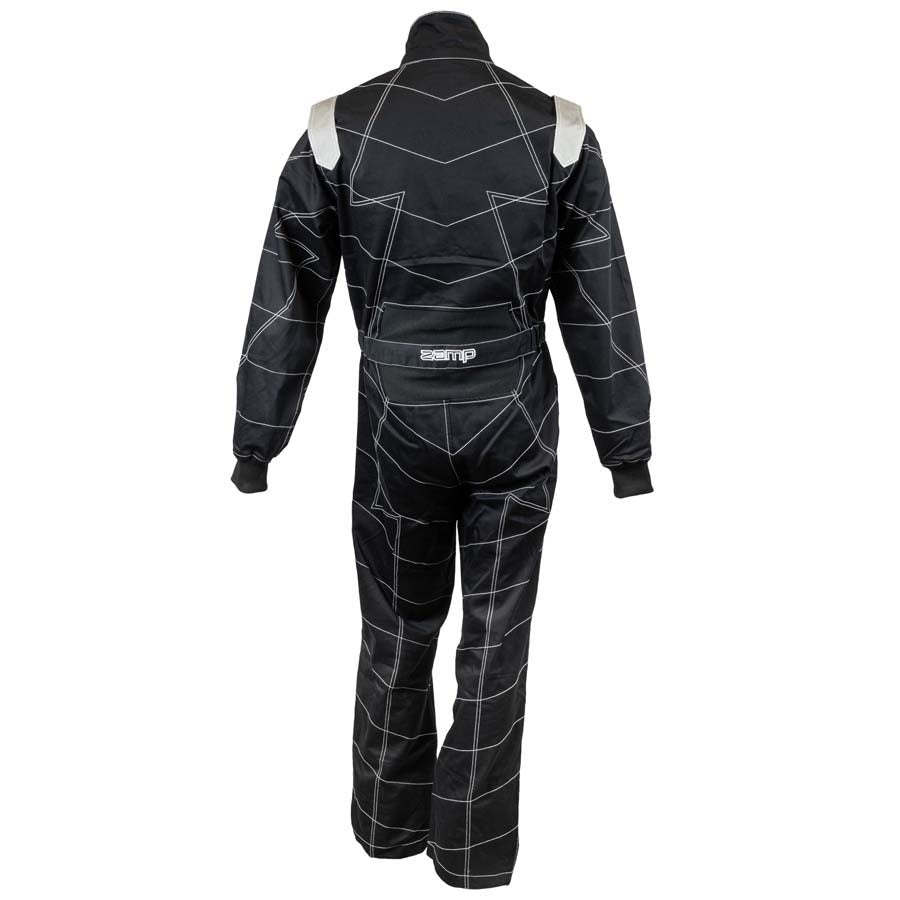 Back view of black ZR-11 youth racing suit showing full geometric stitching, lower back stretch panel and Zamp logo on waist belt on a white background