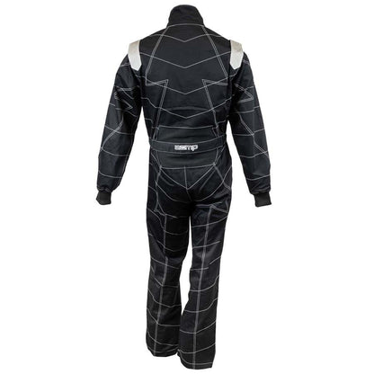 Back view of black ZR-11 youth racing suit showing full geometric stitching, lower back stretch panel and Zamp logo on waist belt on a white background