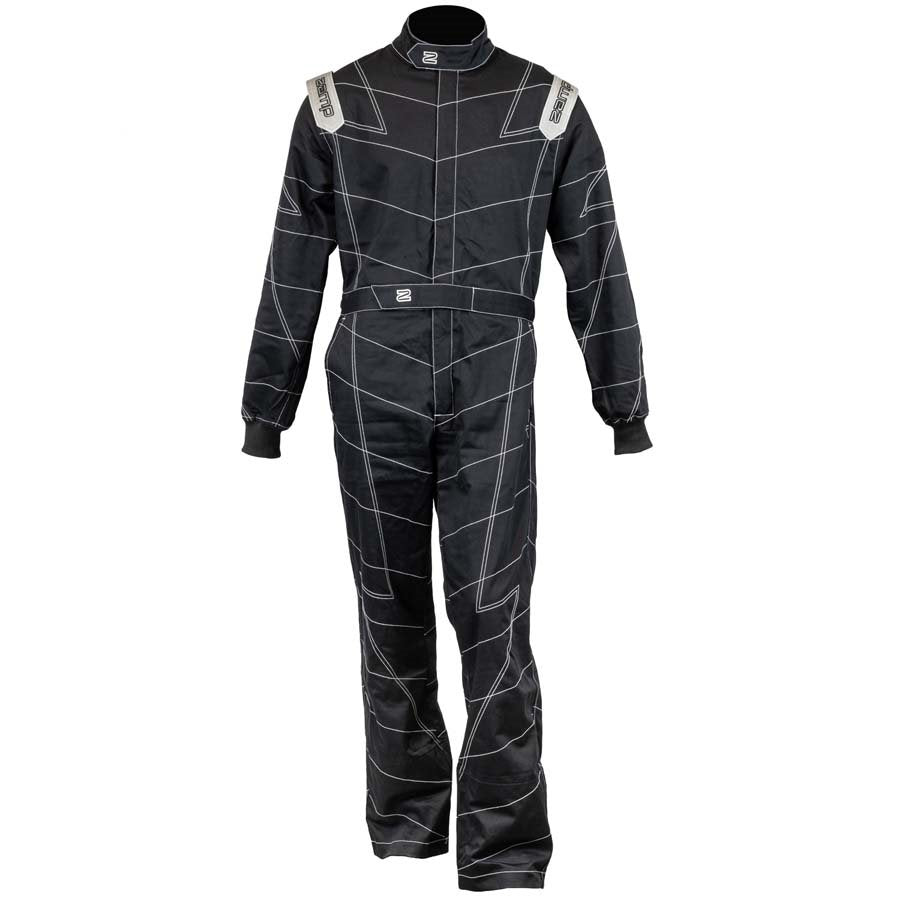 Front view of black ZR-11 youth racing suit on form with white geometric quilt stitching, high collar and belt detail on a white background