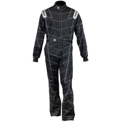 Front view of black ZR-11 youth racing suit on form with white geometric quilt stitching, high collar and belt detail on a white background