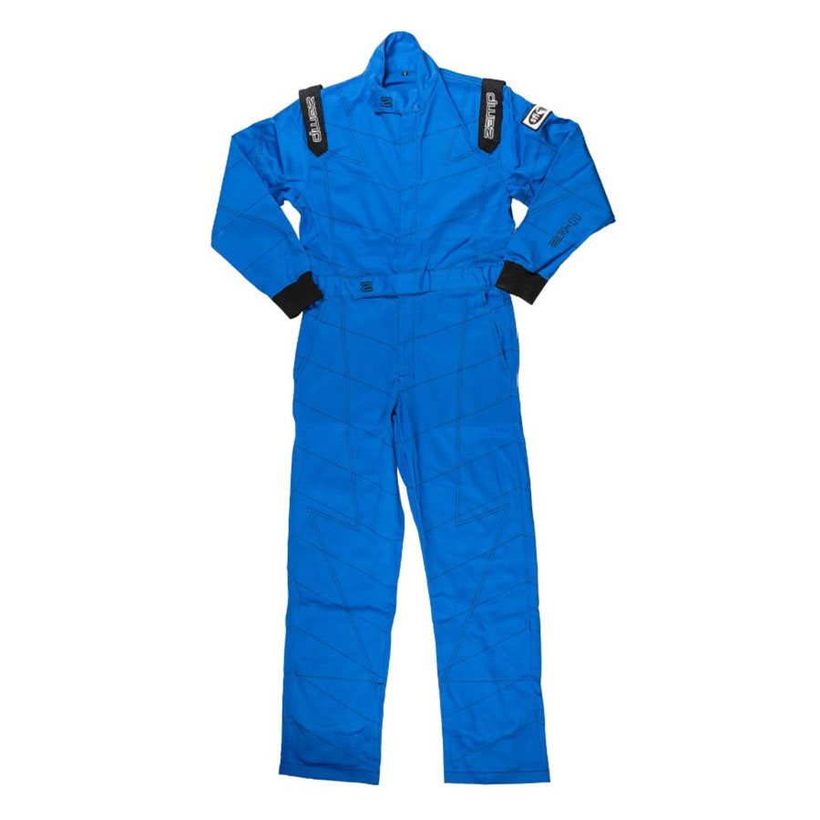 Blue ZR-11 youth racing suit laid flat showing black cuff and shoulder accents with visible leg pockets on a white background