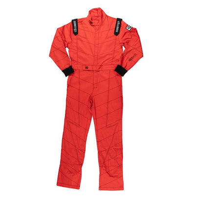 Red ZR-11 youth racing suit displayed flat with black trim, quilted pattern and branding on arms and chest on a white background