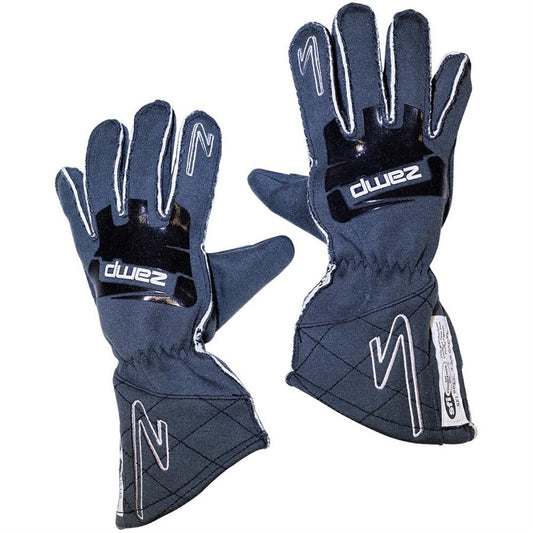 Gray ZR-50 race gloves back view with Zamp logo patch, white contrast stitching and quilted cuff on a white background